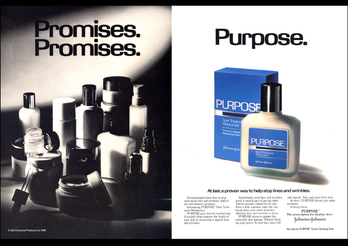 Intro print ad for J&J Purpose facial moisturizer – Promises vs. Purpose