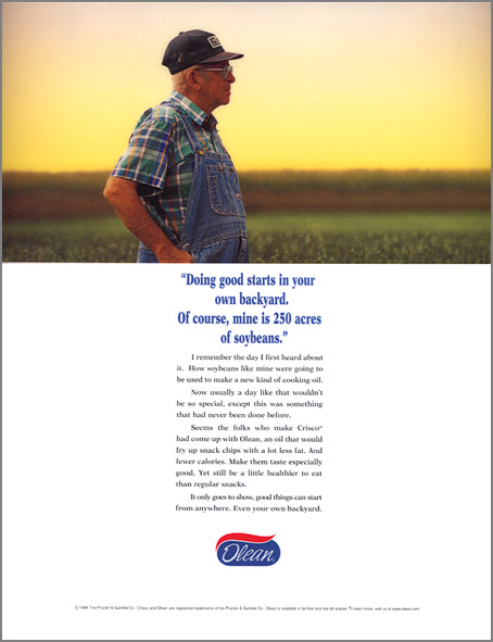 P&G Olean fat-free cooking oil introductory print ad with a farmer