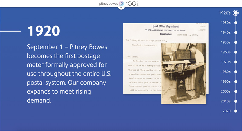 Pitney Bowes 100 Years website 1920 first postage meter Joseph Ehlinger copywriter