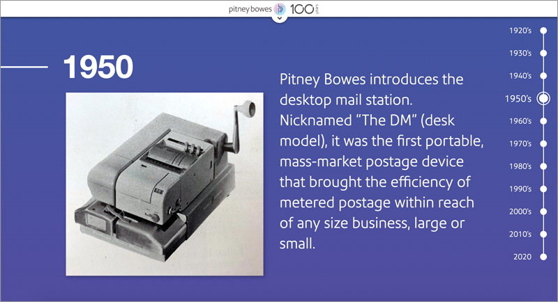 Pitney Bowes 100 Years website 1950 portable desk model postage meter Joseph Ehlinger copywriter
