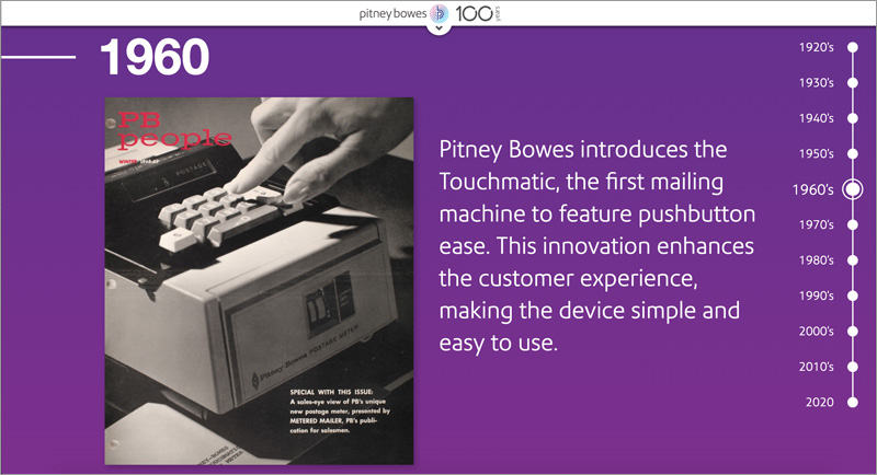 Pitney Bowes 100 Years website 1967 first touchamatic postage meter Joseph Ehlinger copywriter