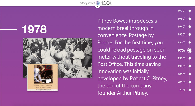 Pitney Bowes 100 Years website 1978 postage by phone Joseph Ehlinger copywriter