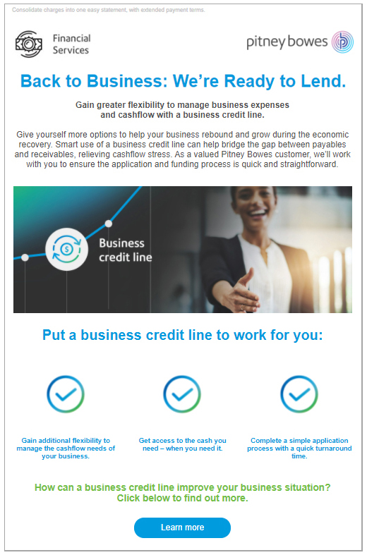 Back to Business campaign for Pitney Bowes Financial Services - email examples - Joseph Ehlinger copywriter