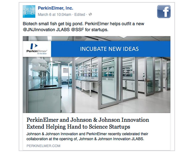 PerkinElmerfacebook post– J&J new lab - Joseph Ehlinger, copywriter
