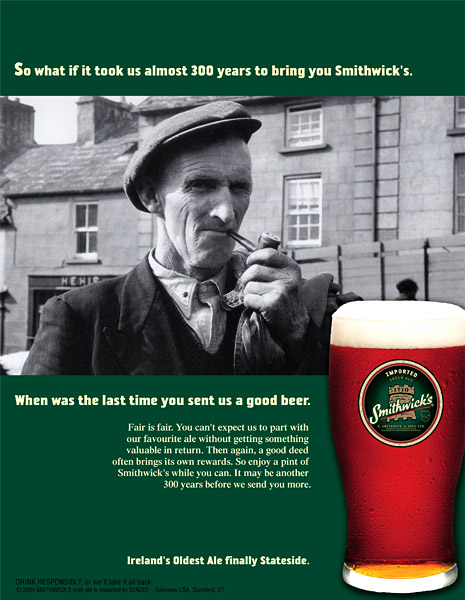 Smithwick's Irish Ale U.S. Intro print ad – 300 years