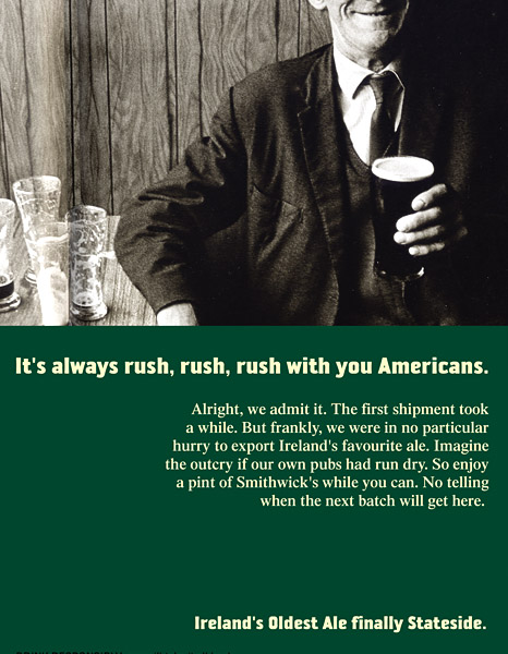 Smithwick's Irish Ale U.S. Intro print ad – Rush