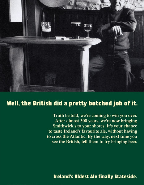 Smithwick's Irish Ale U.S. Intro print ad – rush